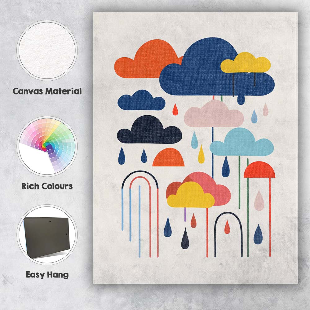Scandinavian Minimalist Colourful Rain Clouds Graphic Illustration Canvas Wall Art Print Decor Picture Ready to Hang