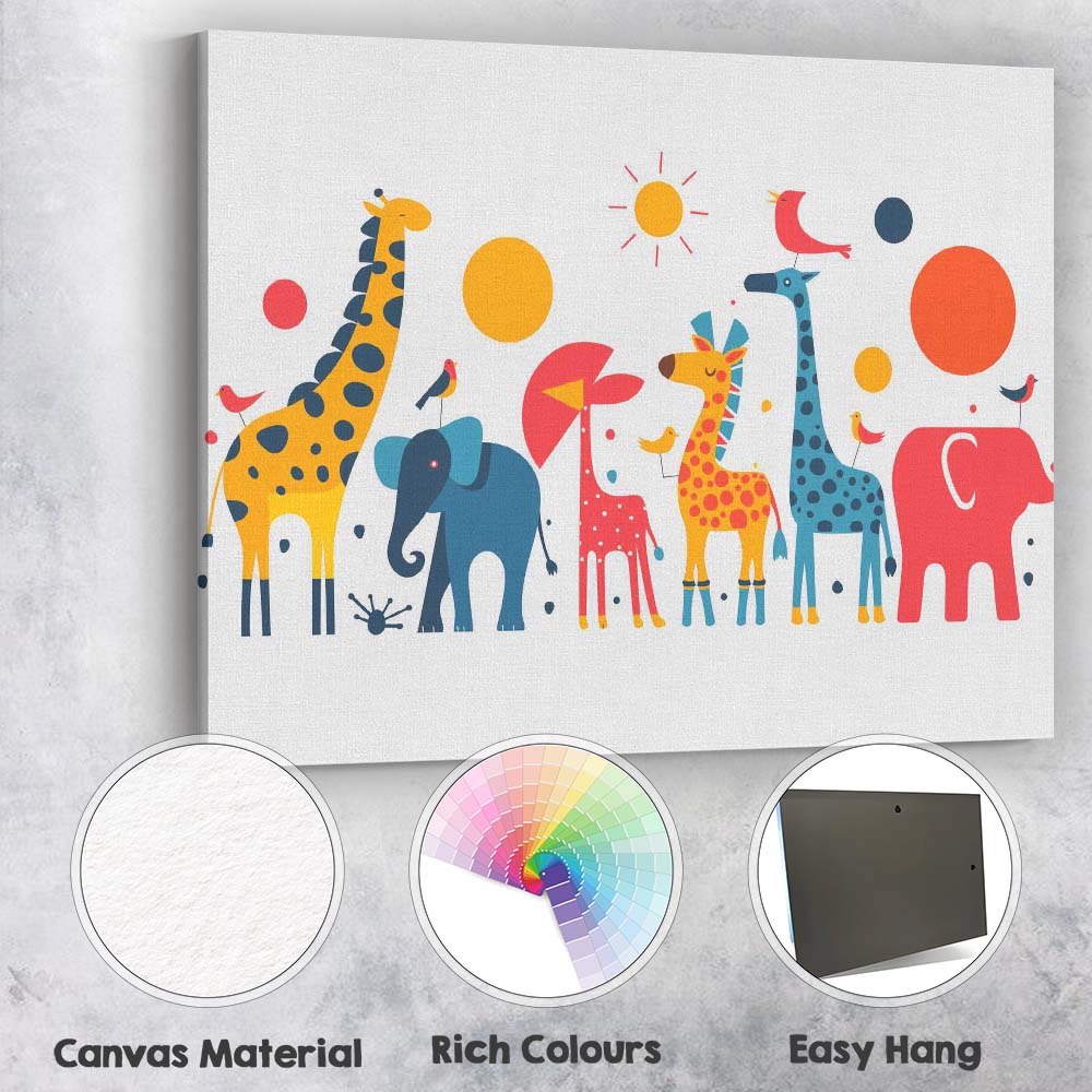 Colourful Safari Animal Parade Nursery Illustration Canvas Wall Art Print Decor Picture Ready to Hang