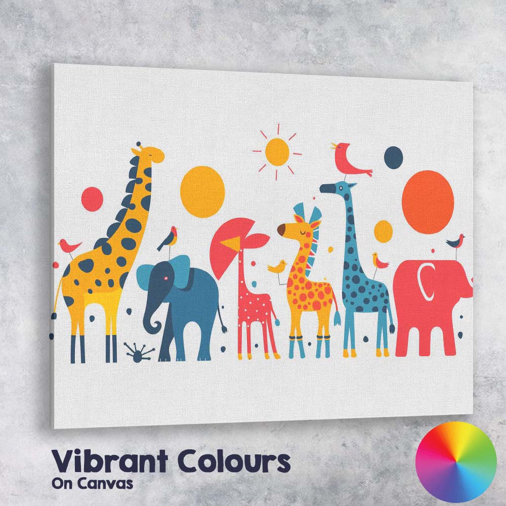 Colourful Safari Animal Parade Nursery Illustration Canvas Wall Art Print Decor Picture Ready to Hang
