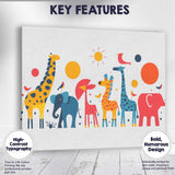 Colourful Safari Animal Parade Nursery Illustration Canvas Wall Art Print Decor Picture Ready to Hang