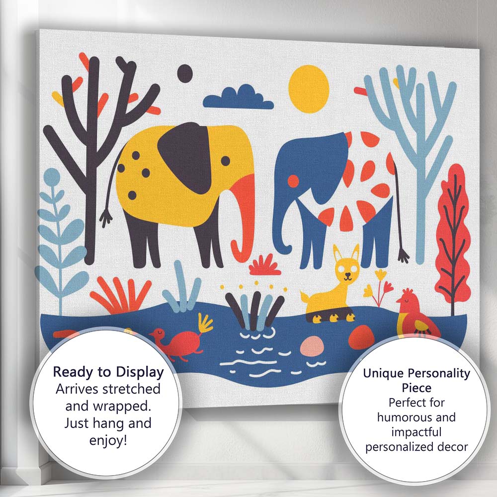 Scandinavian Folk Art Elephant Wildlife Illustration Canvas Wall Art Print Decor Picture Ready to Hang
