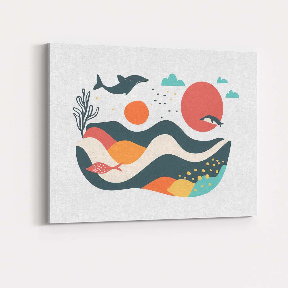 Abstract Ocean Dolphin Coastal Landscape Mid Century Modern Canvas Wall Art Print Decor Picture Ready to Hang