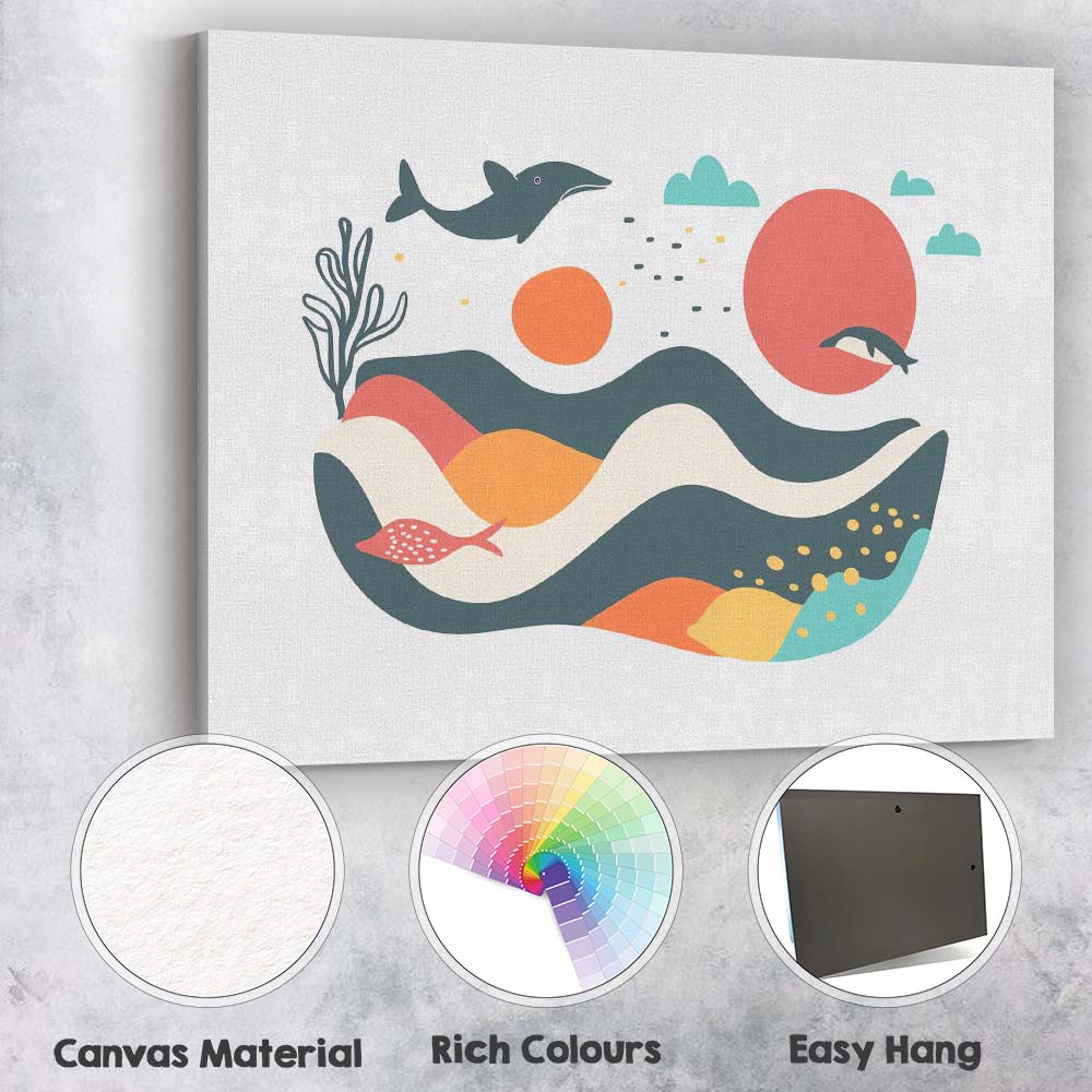 Abstract Ocean Dolphin Coastal Landscape Mid Century Modern Canvas Wall Art Print Decor Picture Ready to Hang