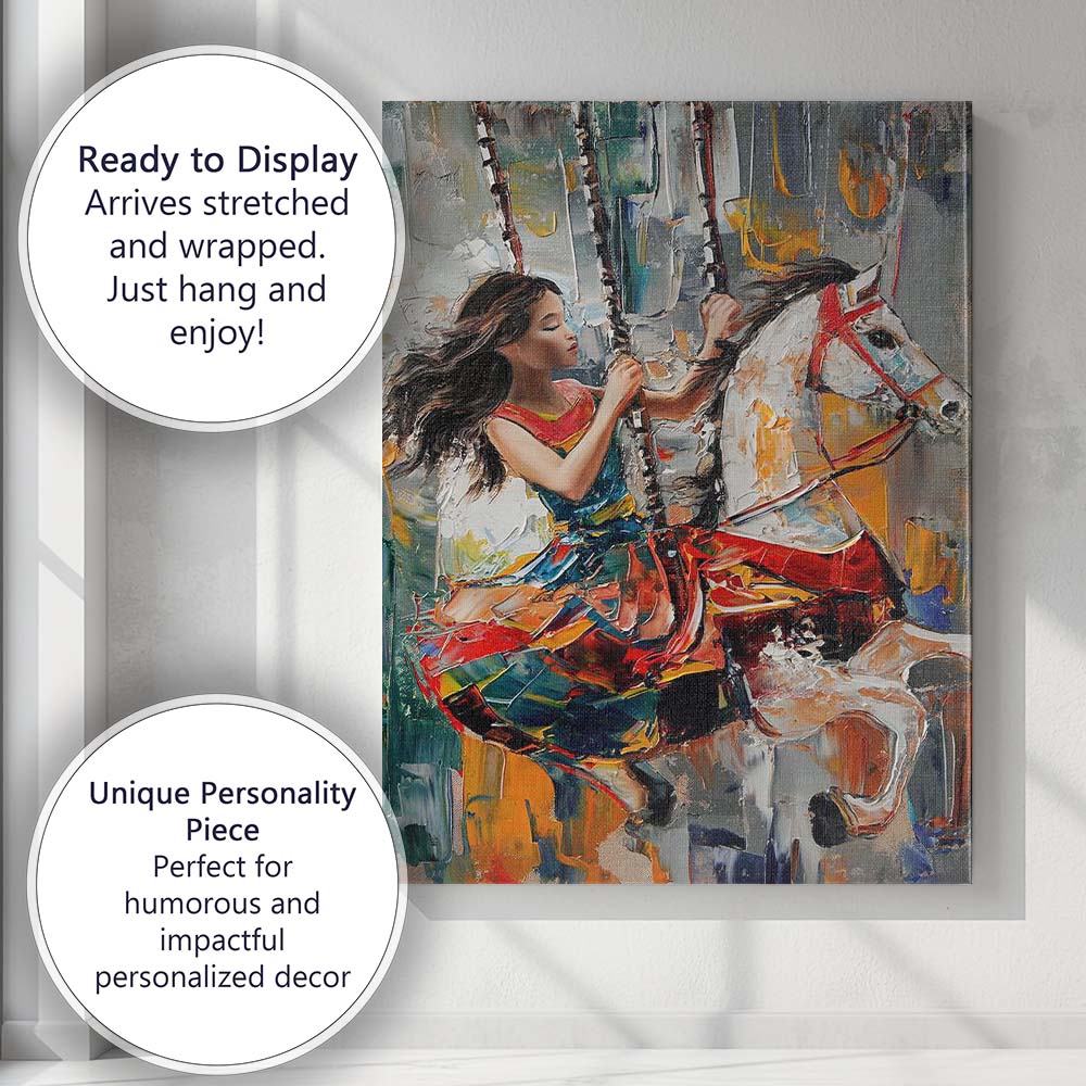 Colourful Carousel Girl White Horse Expressionist Painting Canvas Wall Art Print Decor Picture Ready to Hang