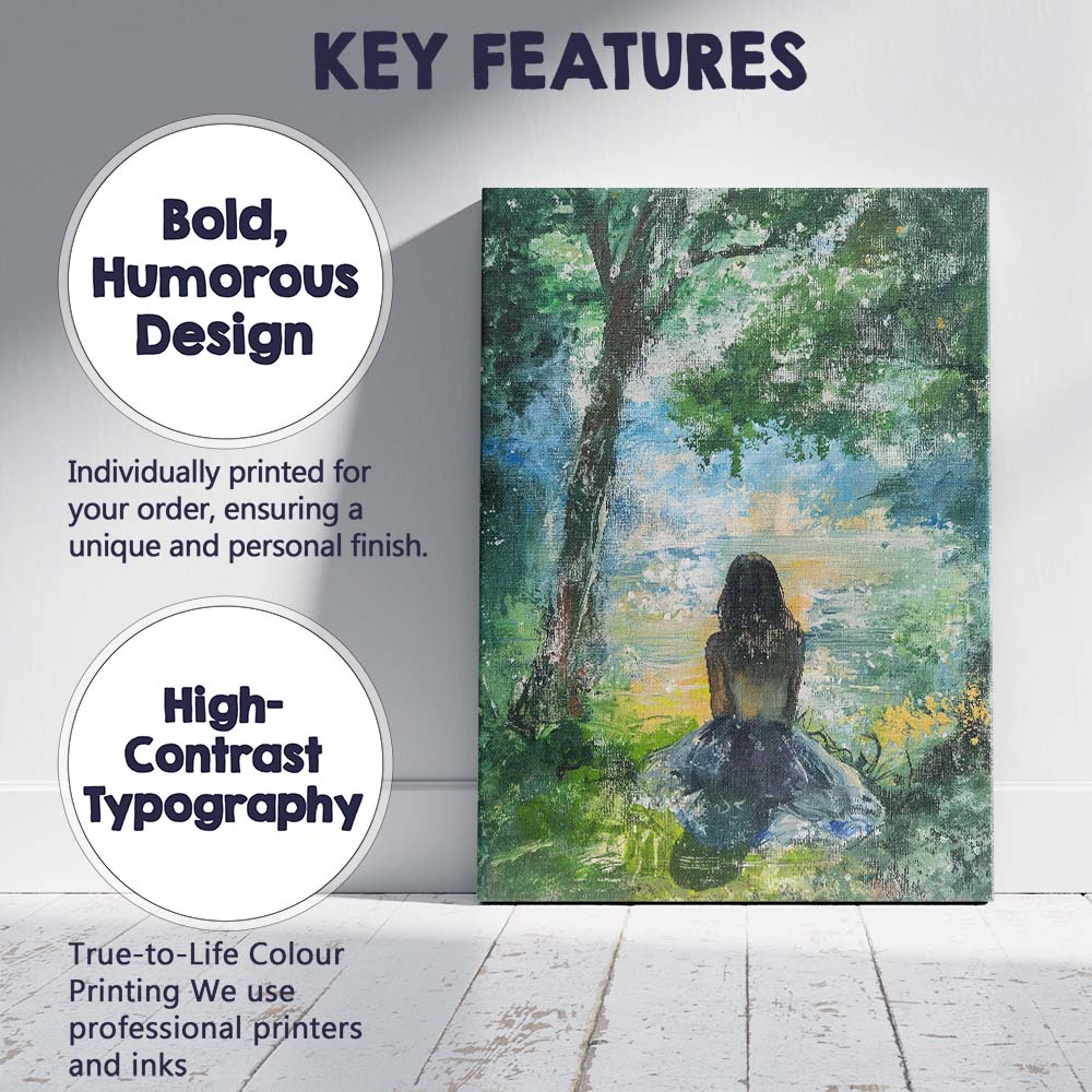 Impressionist Girl by Tranquil Forest Lake Landscape Painting Canvas Wall Art Print Decor Picture Ready to Hang