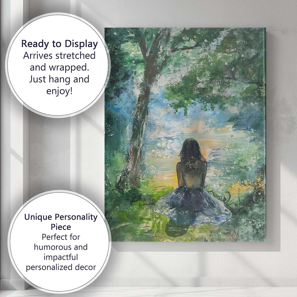 Impressionist Girl by Tranquil Forest Lake Landscape Painting Canvas Wall Art Print Decor Picture Ready to Hang