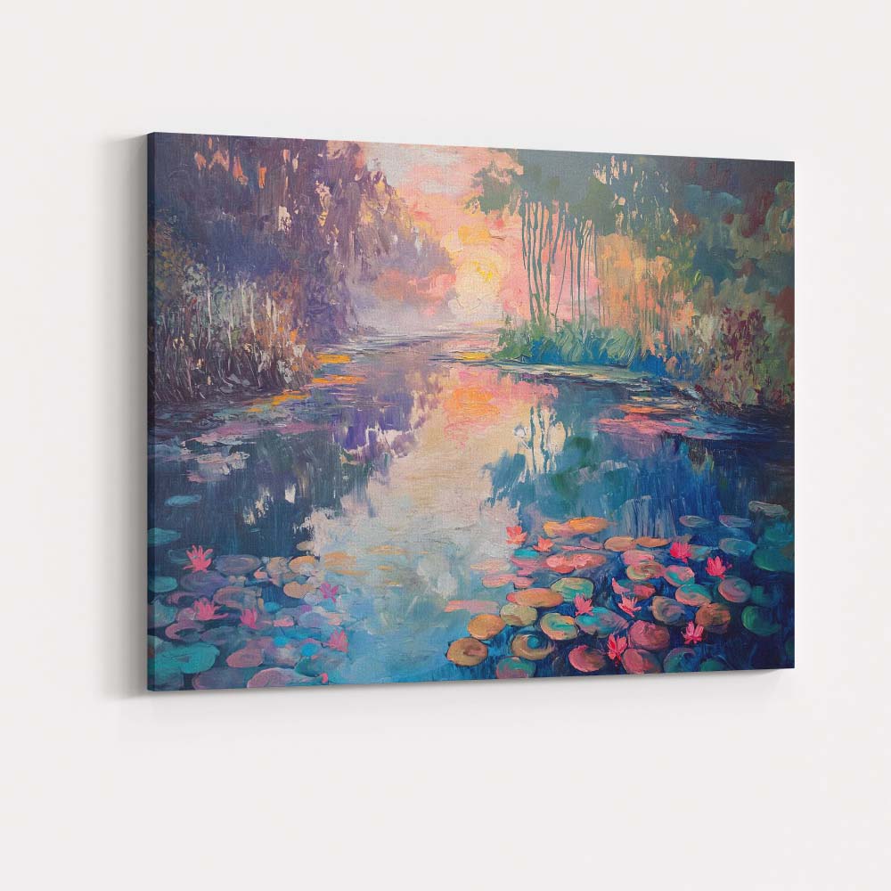 Dreamy Water Lily Pond Sunset Impressionist Landscape Canvas Wall Art Print Decor Picture Ready to Hang