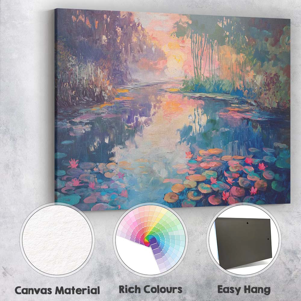 Dreamy Water Lily Pond Sunset Impressionist Landscape Canvas Wall Art Print Decor Picture Ready to Hang