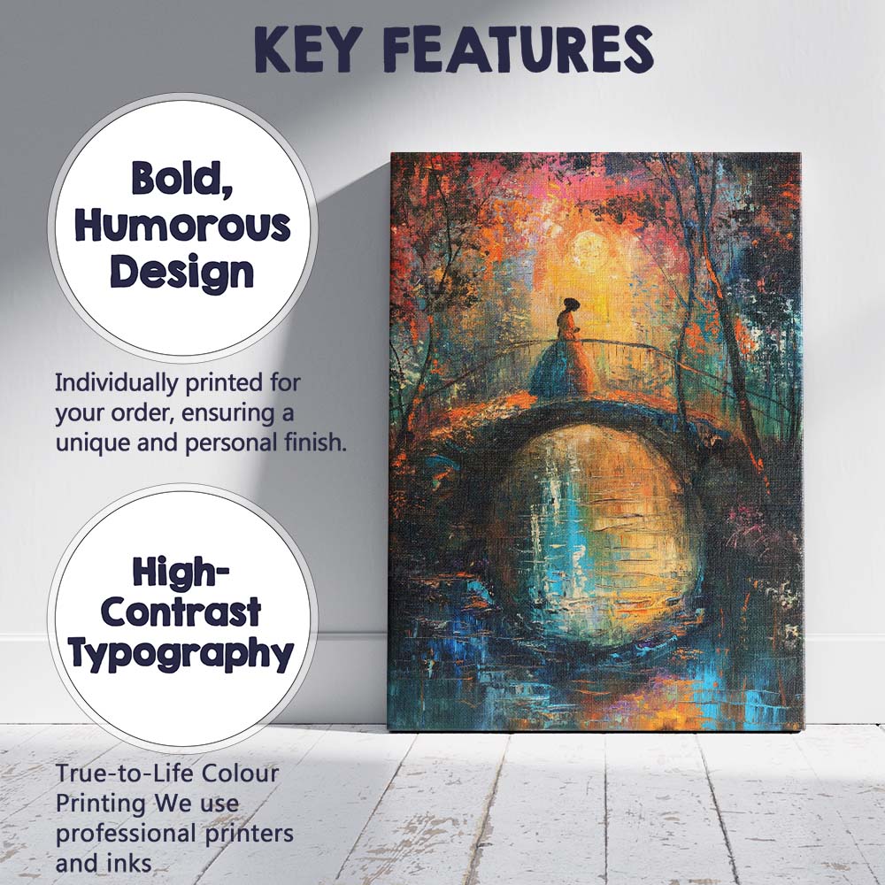 Romantic Woman on Moonlit Garden Bridge Impressionist Canvas Wall Art Print Decor Picture Ready to Hang