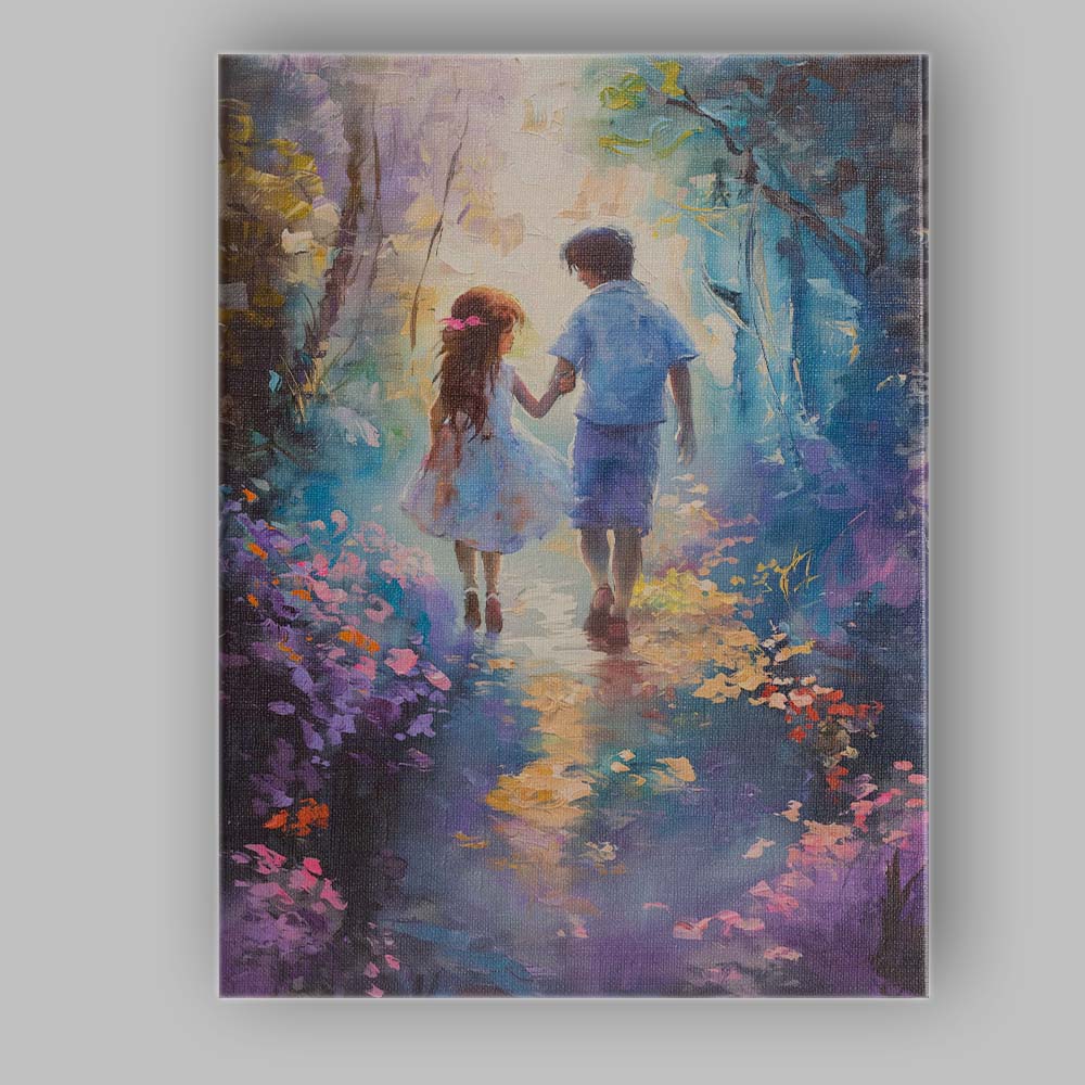 Children Walking Through Enchanted Woodland Impressionist Canvas Wall Art Print Decor Picture Ready to Hang