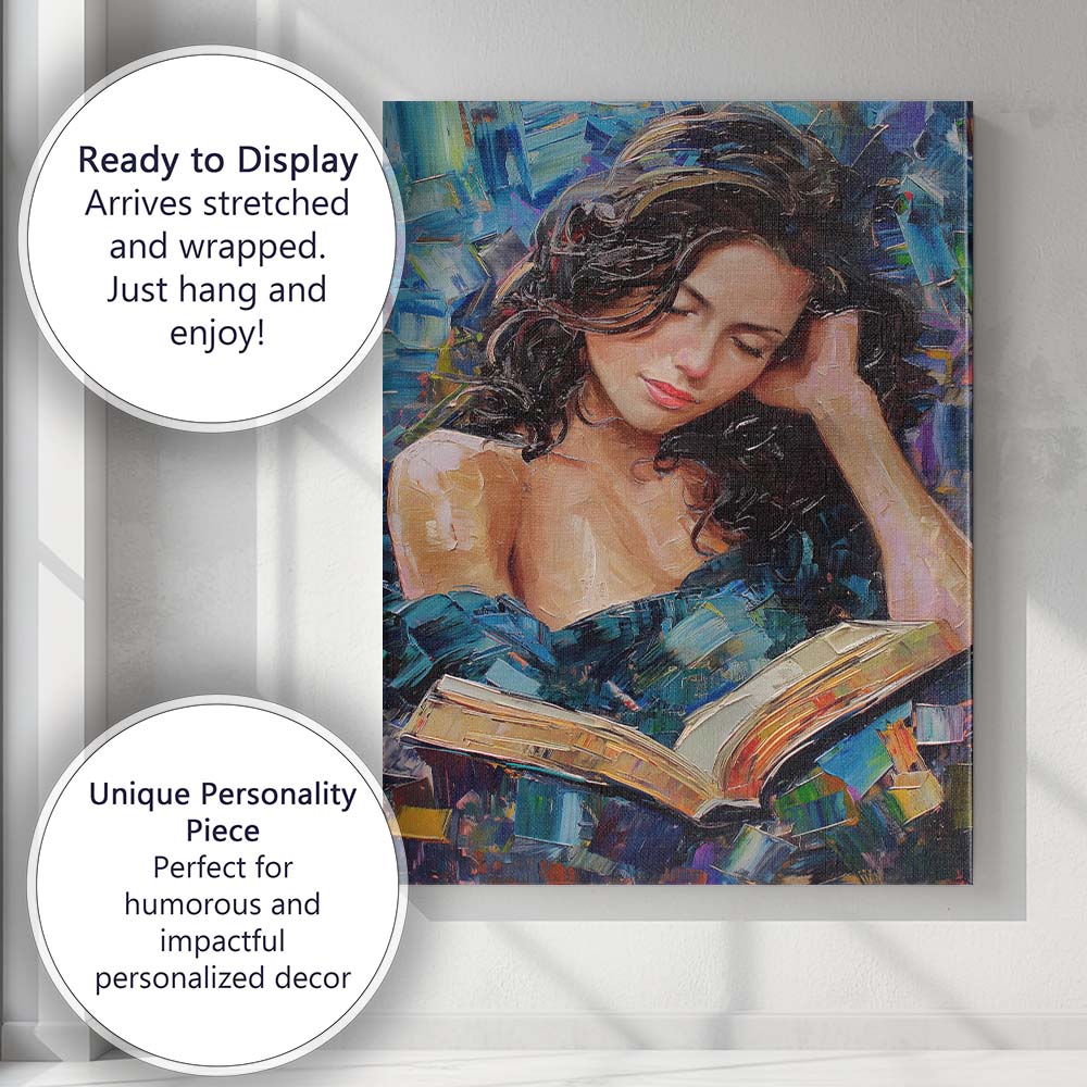 Peaceful Young Woman Reading Book Textured Portrait Painting Canvas Wall Art Print Decor Picture Ready to Hang
