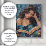 Peaceful Young Woman Reading Book Textured Portrait Painting Canvas Wall Art Print Decor Picture Ready to Hang