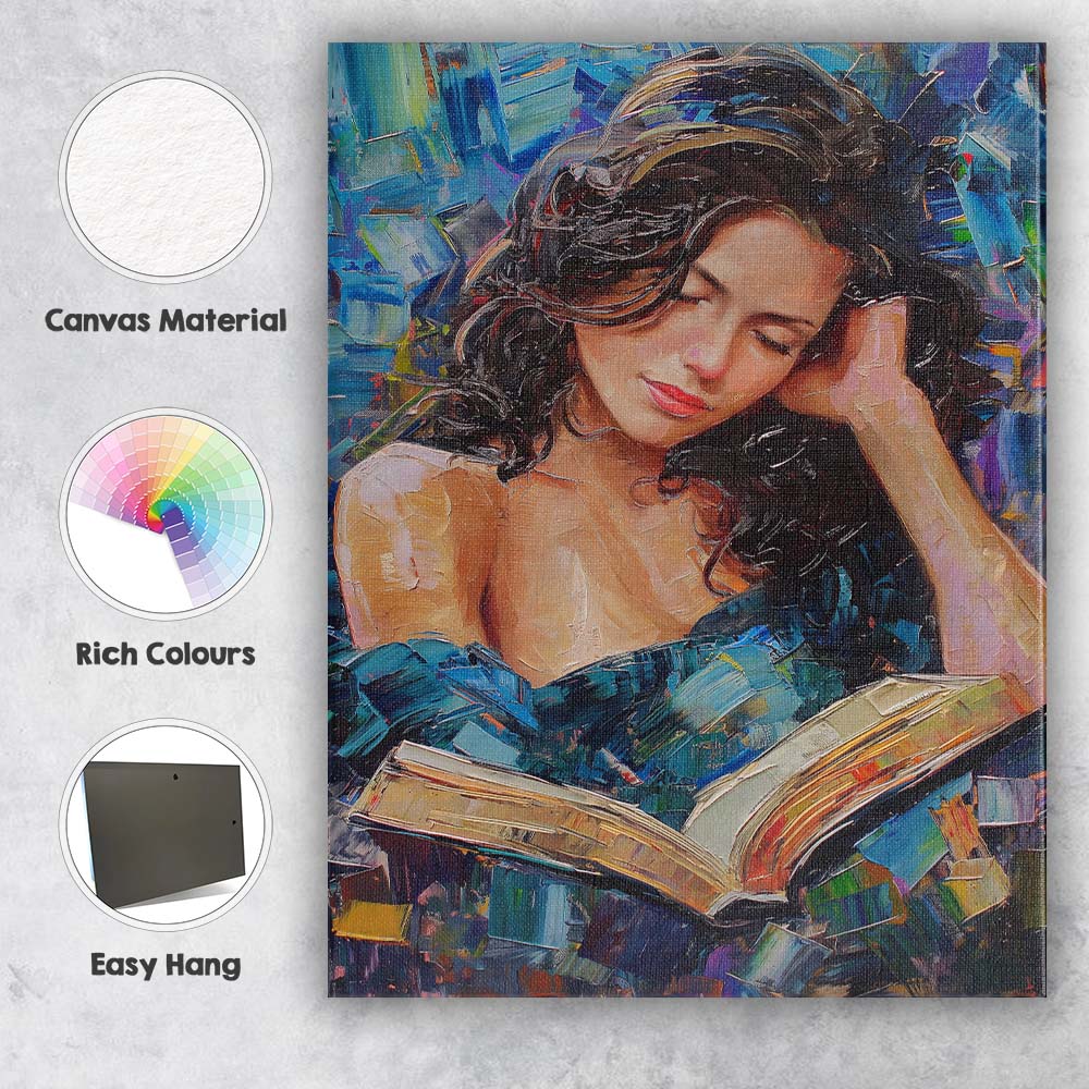 Peaceful Young Woman Reading Book Textured Portrait Painting Canvas Wall Art Print Decor Picture Ready to Hang