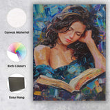 Peaceful Young Woman Reading Book Textured Portrait Painting Canvas Wall Art Print Decor Picture Ready to Hang