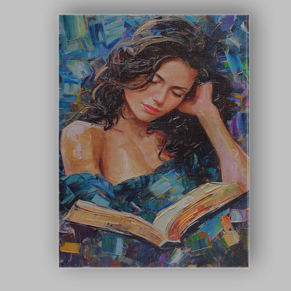 Peaceful Young Woman Reading Book Textured Portrait Painting Canvas Wall Art Print Decor Picture Ready to Hang