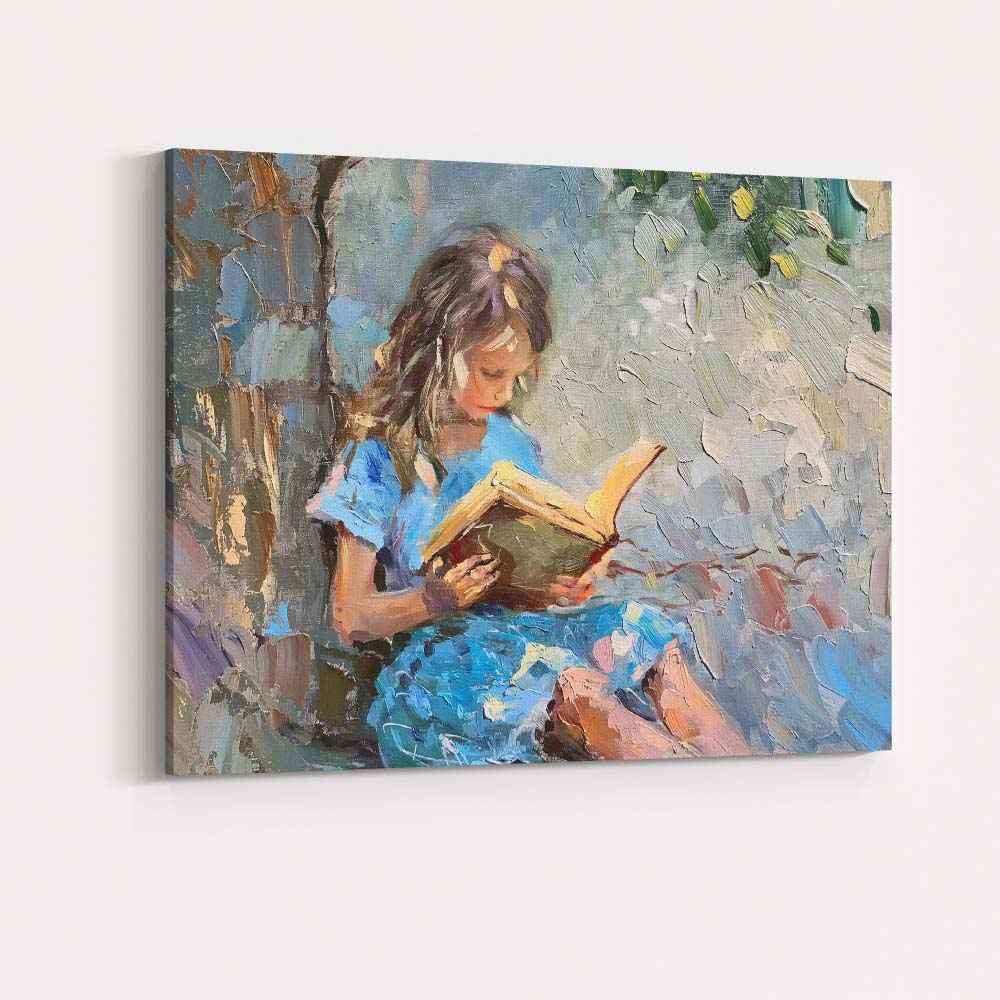 Impressionist Girl Reading Book Beneath Tree Serene Blue Garden Canvas Wall Art Print Decor Picture Ready to Hang