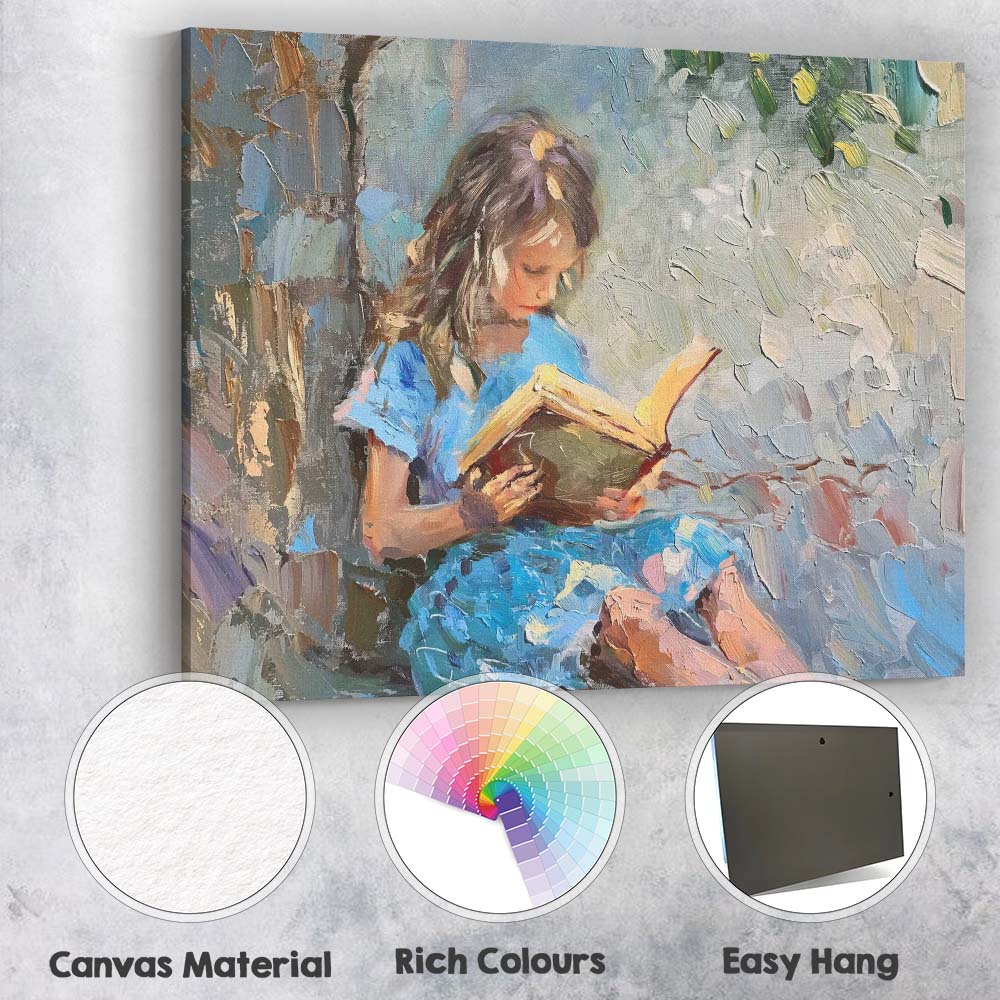 Impressionist Girl Reading Book Beneath Tree Serene Blue Garden Canvas Wall Art Print Decor Picture Ready to Hang