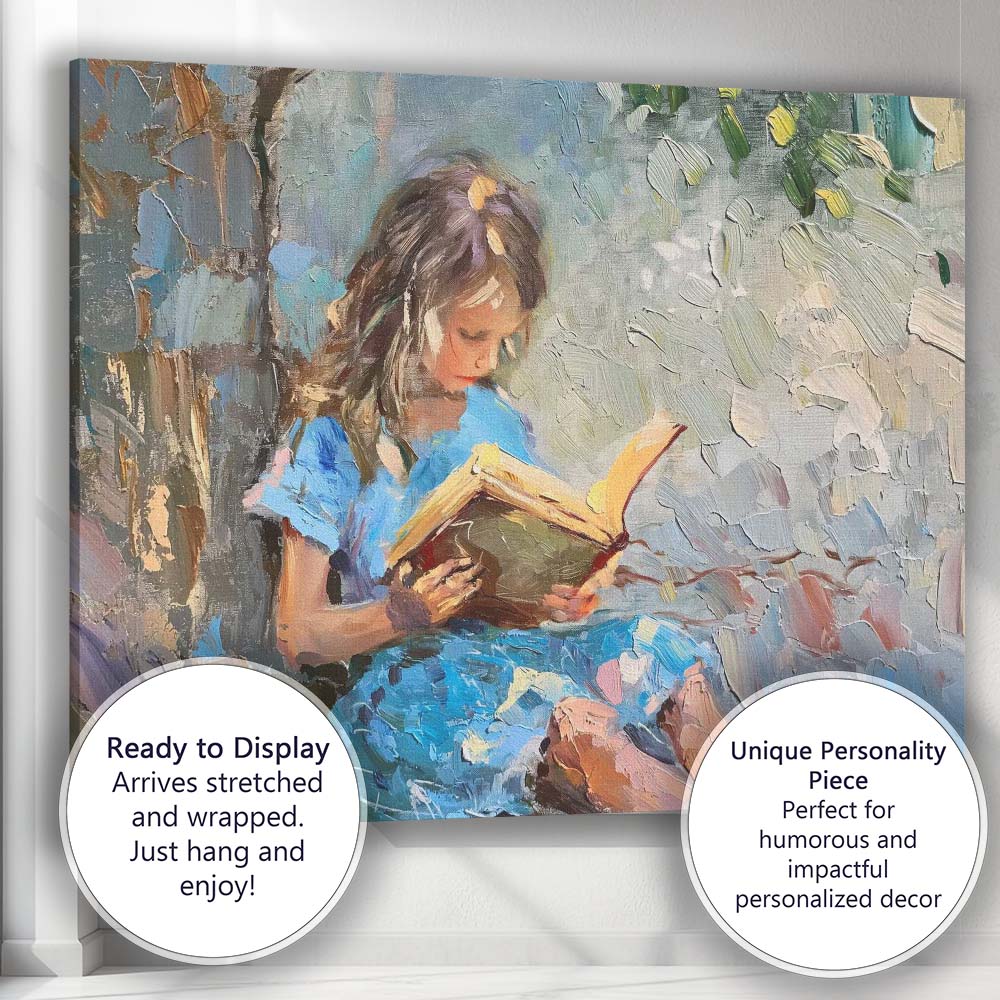 Impressionist Girl Reading Book Beneath Tree Serene Blue Garden Canvas Wall Art Print Decor Picture Ready to Hang