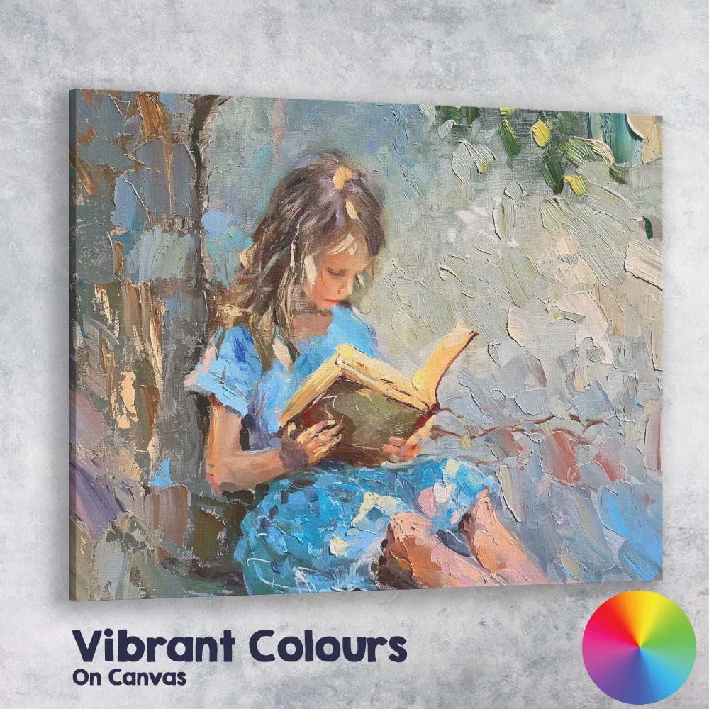 Impressionist Girl Reading Book Beneath Tree Serene Blue Garden Canvas Wall Art Print Decor Picture Ready to Hang