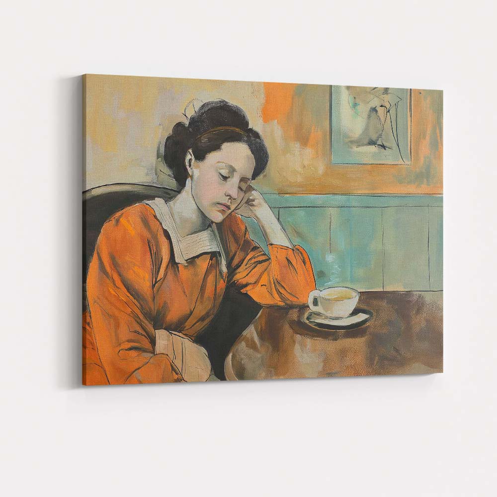 Thoughtful Woman Coffee Shop Impressionist Interior Portrait Canvas Wall Art Print Decor Picture Ready to Hang