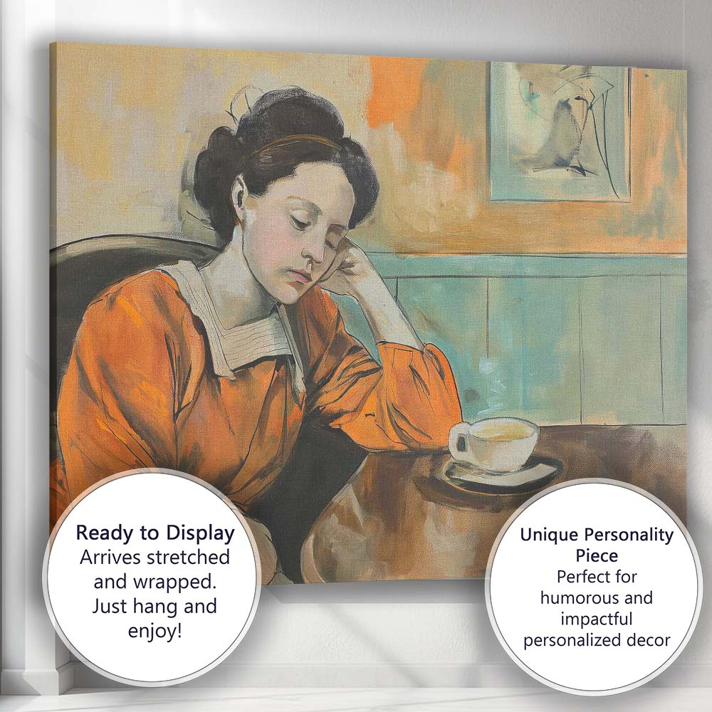 Thoughtful Woman Coffee Shop Impressionist Interior Portrait Canvas Wall Art Print Decor Picture Ready to Hang