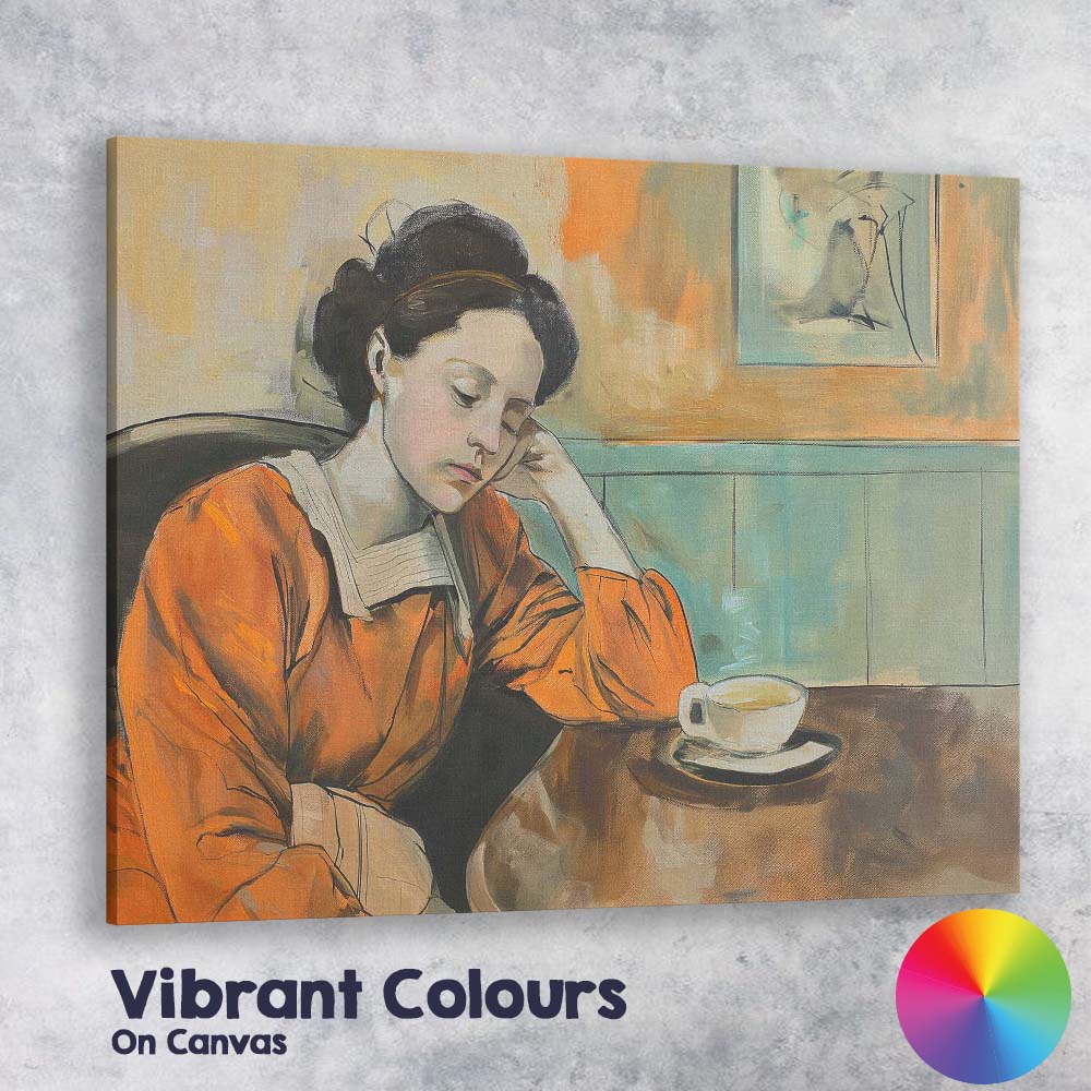 Thoughtful Woman Coffee Shop Impressionist Interior Portrait Canvas Wall Art Print Decor Picture Ready to Hang