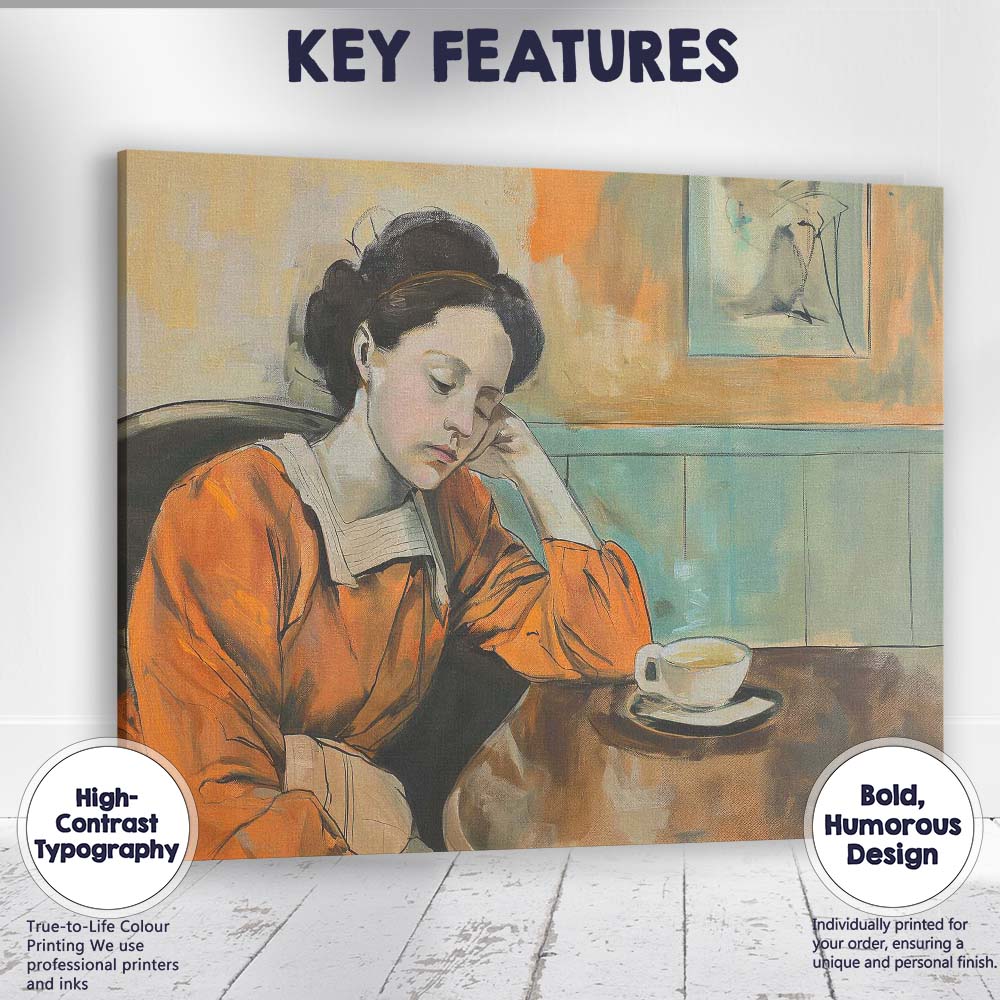Thoughtful Woman Coffee Shop Impressionist Interior Portrait Canvas Wall Art Print Decor Picture Ready to Hang