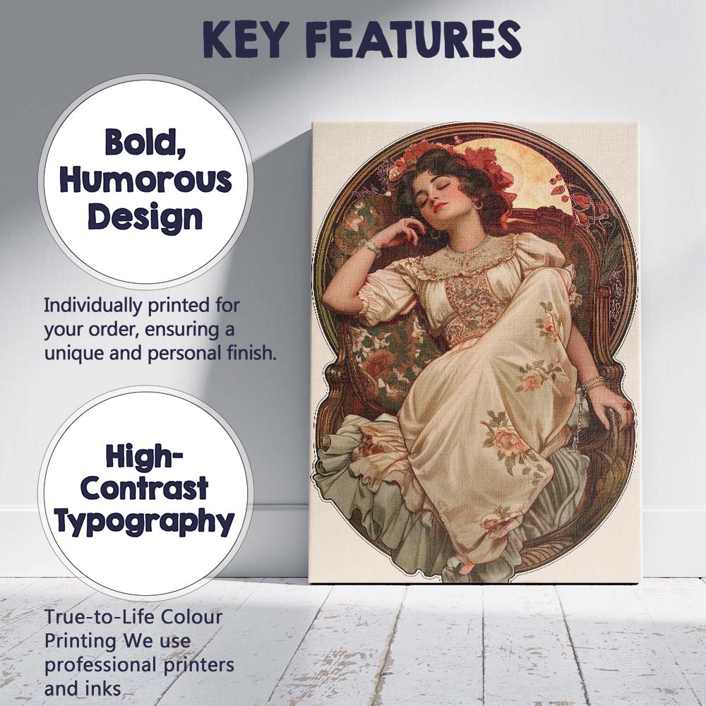 Romantic Sleeping Lady Floral Dress Art Nouveau Illustration Canvas Wall Art Print Decor Picture Ready to Hang