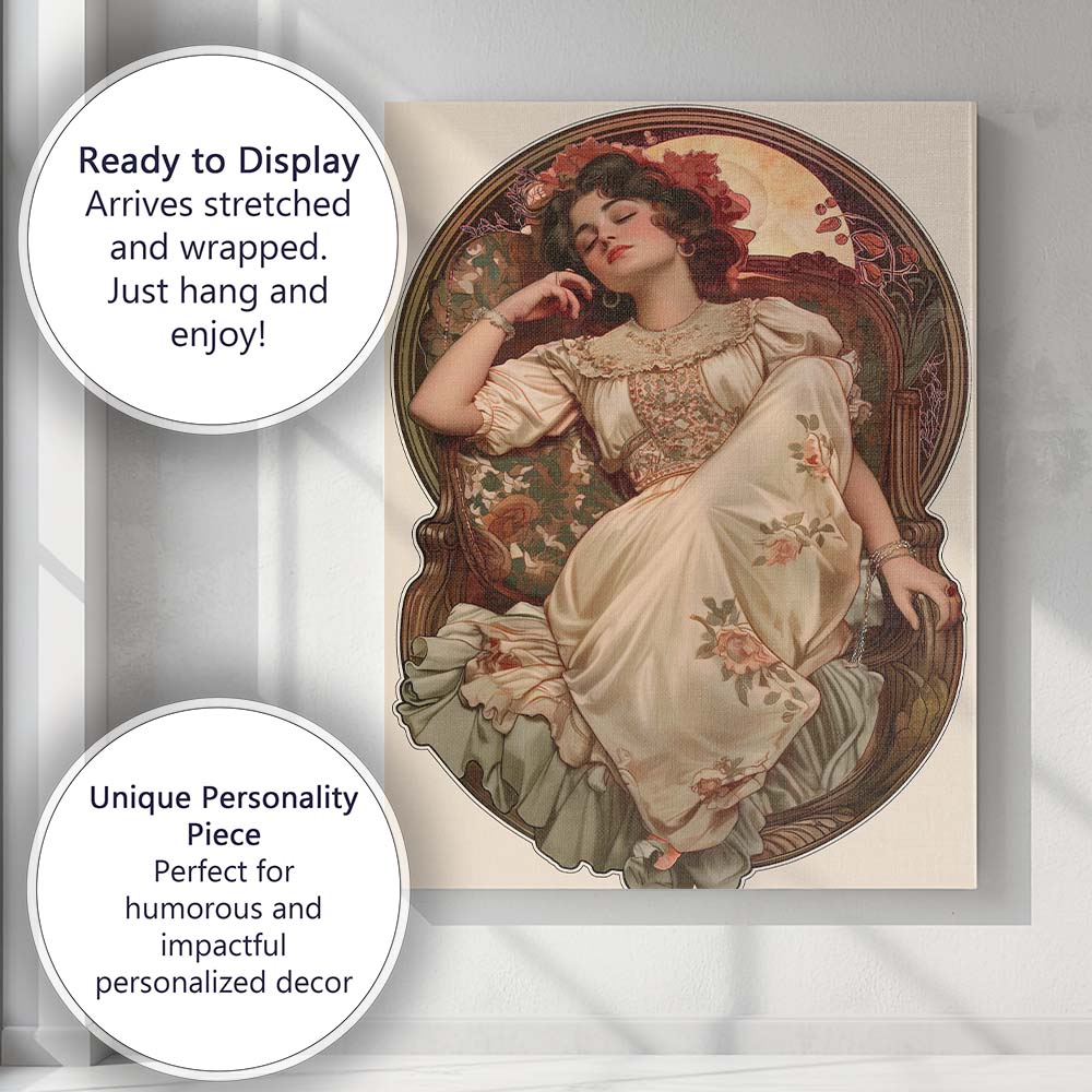 Romantic Sleeping Lady Floral Dress Art Nouveau Illustration Canvas Wall Art Print Decor Picture Ready to Hang