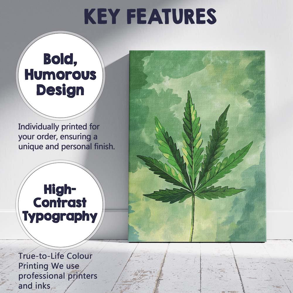Green Cannabis Leaf Botanical Watercolour Illustration Canvas Wall Art Print Decor Picture Ready to Hang