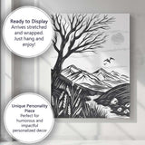 Black White Mountain Landscape Linocut Style Tree Nature Illustration Canvas Wall Art Print Decor Picture Ready to Hang