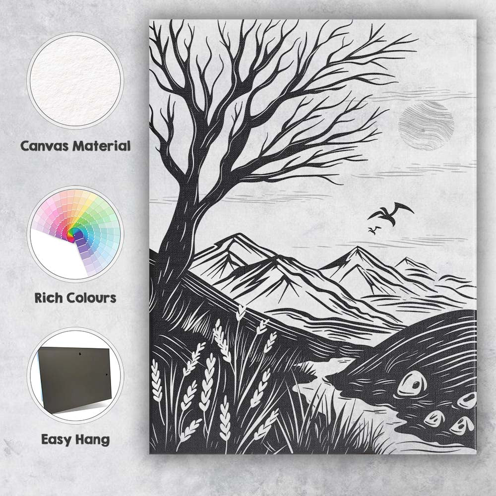 Black White Mountain Landscape Linocut Style Tree Nature Illustration Canvas Wall Art Print Decor Picture Ready to Hang