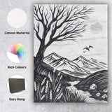 Black White Mountain Landscape Linocut Style Tree Nature Illustration Canvas Wall Art Print Decor Picture Ready to Hang