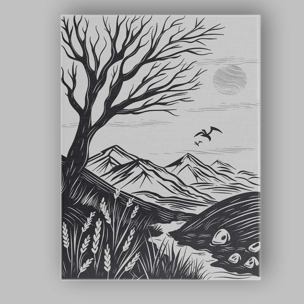 Black White Mountain Landscape Linocut Style Tree Nature Illustration Canvas Wall Art Print Decor Picture Ready to Hang