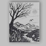 Black White Mountain Landscape Linocut Style Tree Nature Illustration Canvas Wall Art Print Decor Picture Ready to Hang