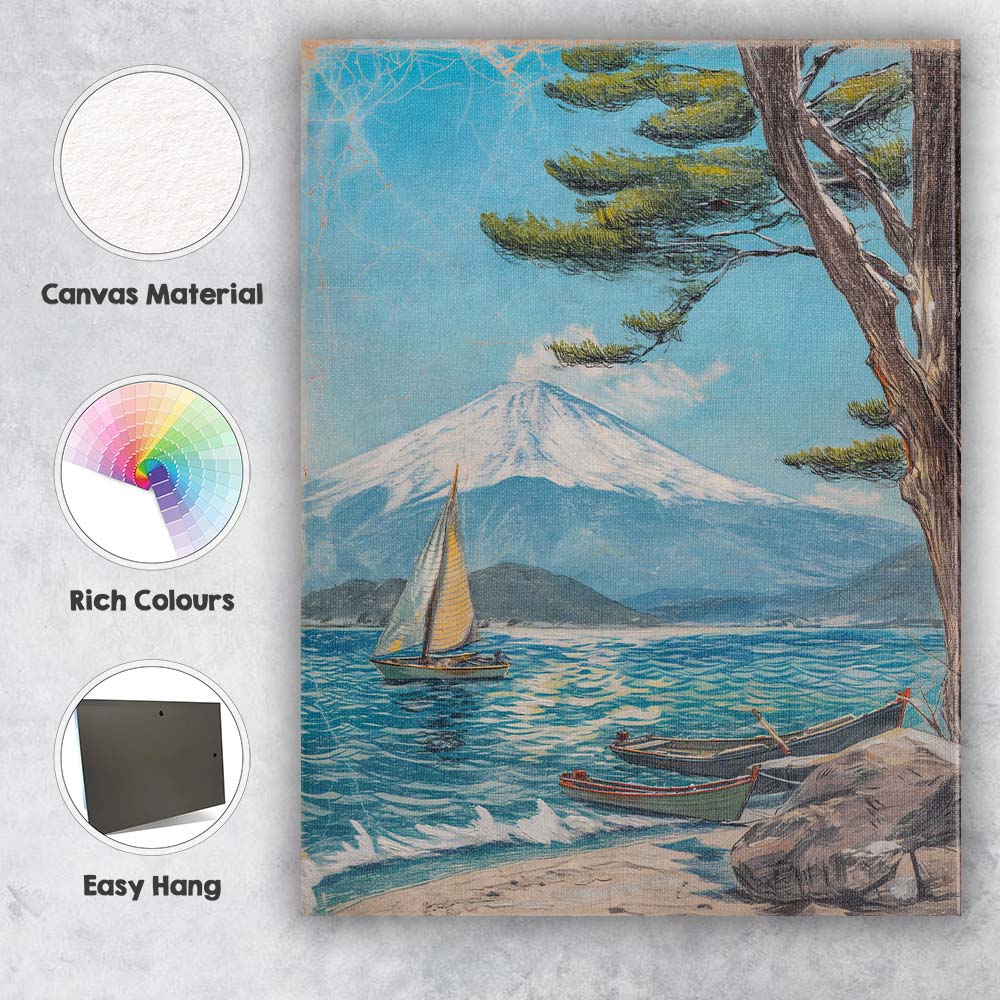 Mount Fuji Lakeside Sailboats Japanese Landscape Painting Canvas Wall Art Print Decor Picture Ready to Hang