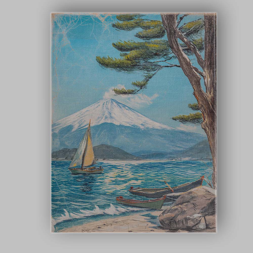 Mount Fuji Lakeside Sailboats Japanese Landscape Painting Canvas Wall Art Print Decor Picture Ready to Hang