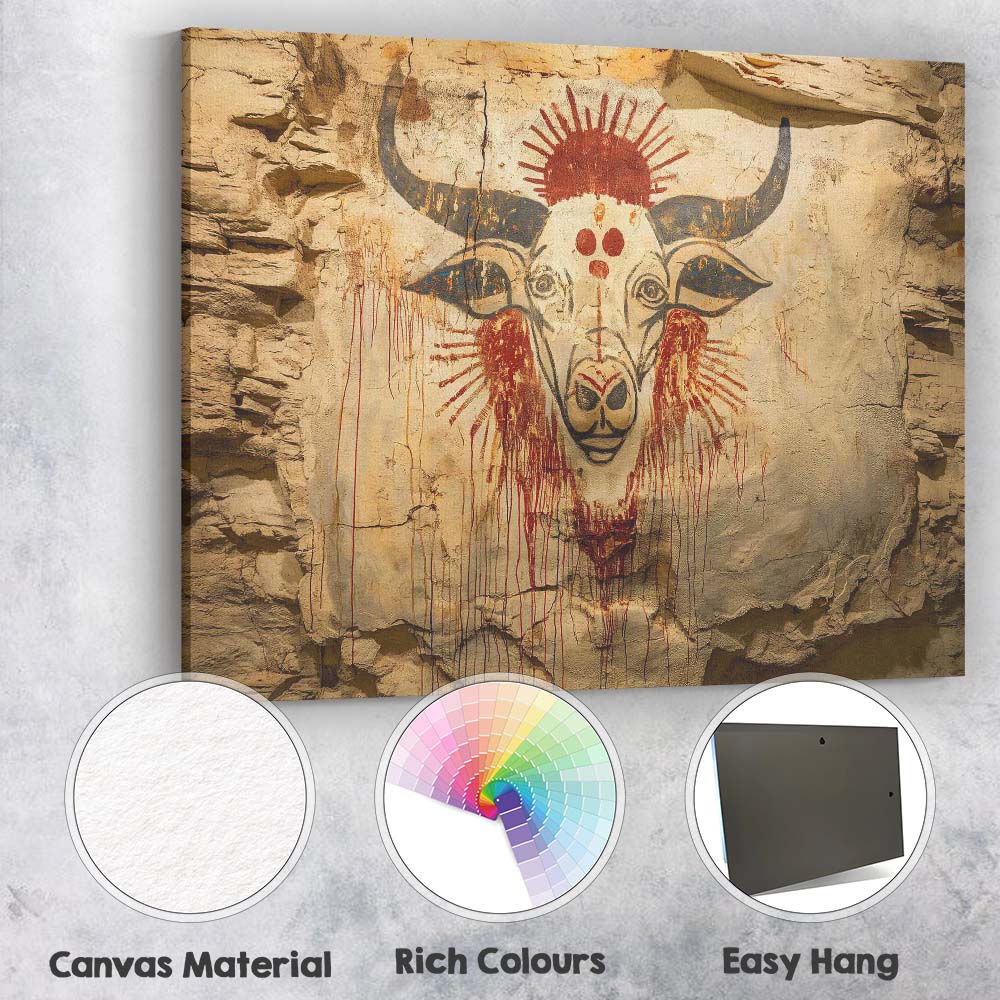 Primitive Bull Skull Tribal Cave Painting Canvas Wall Art Print Decor Picture Ready to Hang