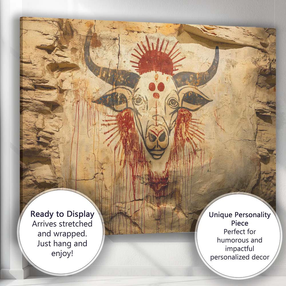 Primitive Bull Skull Tribal Cave Painting Canvas Wall Art Print Decor Picture Ready to Hang