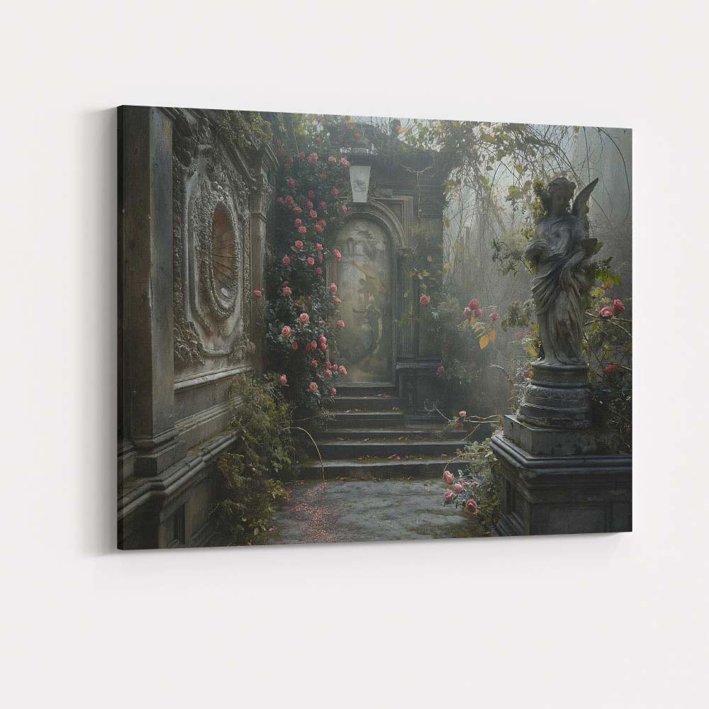 Enchanted Rose Garden Angel Statue Secret Courtyard Gothic Romance Canvas Wall Art Print Decor Picture Ready to Hang