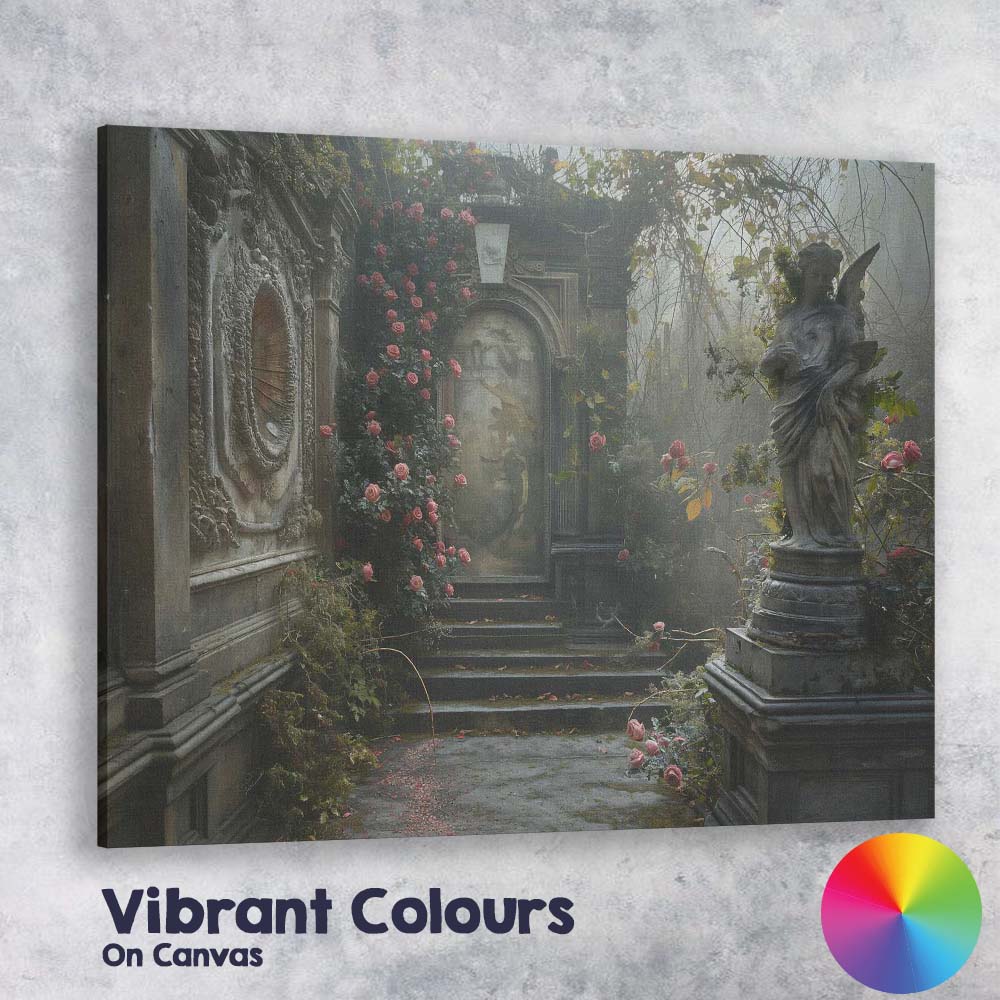 Enchanted Rose Garden Angel Statue Secret Courtyard Gothic Romance Canvas Wall Art Print Decor Picture Ready to Hang