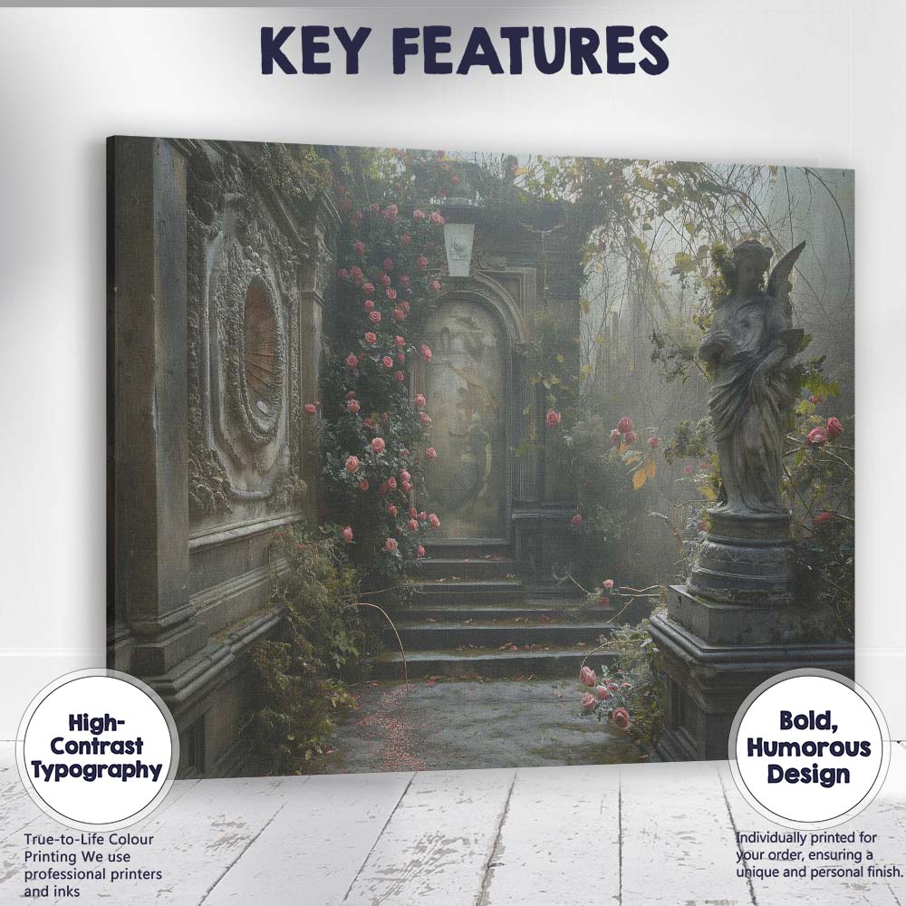 Enchanted Rose Garden Angel Statue Secret Courtyard Gothic Romance Canvas Wall Art Print Decor Picture Ready to Hang