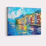 Colourful Mediterranean Harbour Impasto Coastal Village Landscape Painting Canvas Wall Art Print Decor Picture Ready to Hang