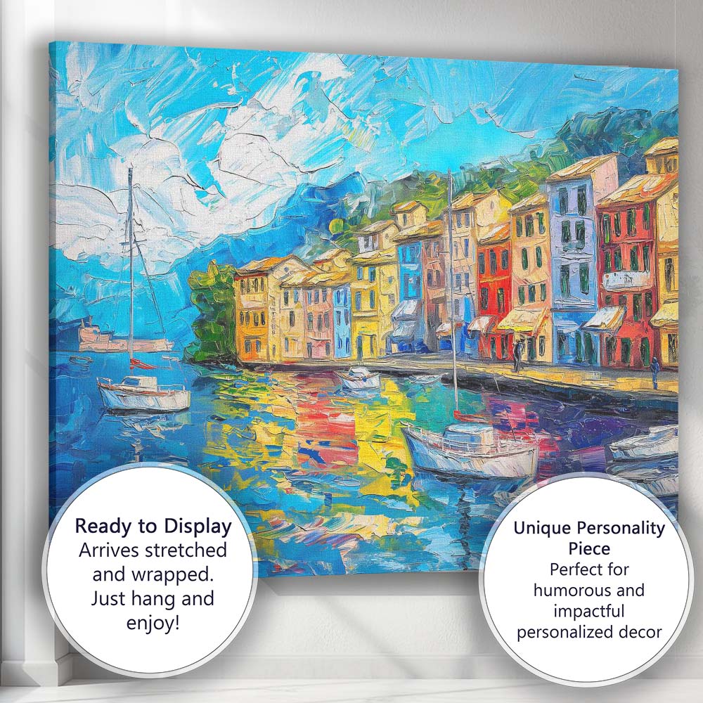 Colourful Mediterranean Harbour Impasto Coastal Village Landscape Painting Canvas Wall Art Print Decor Picture Ready to Hang
