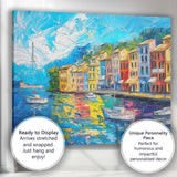 Colourful Mediterranean Harbour Impasto Coastal Village Landscape Painting Canvas Wall Art Print Decor Picture Ready to Hang