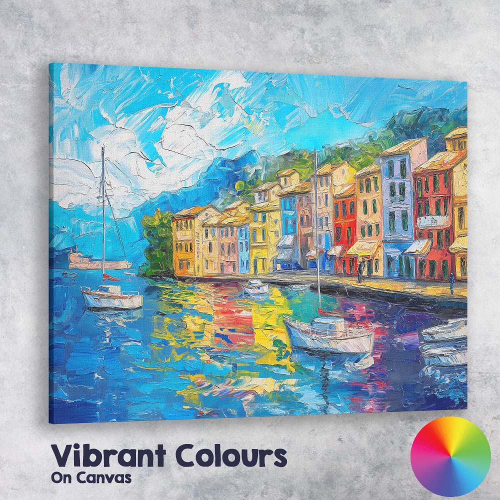 Colourful Mediterranean Harbour Impasto Coastal Village Landscape Painting Canvas Wall Art Print Decor Picture Ready to Hang