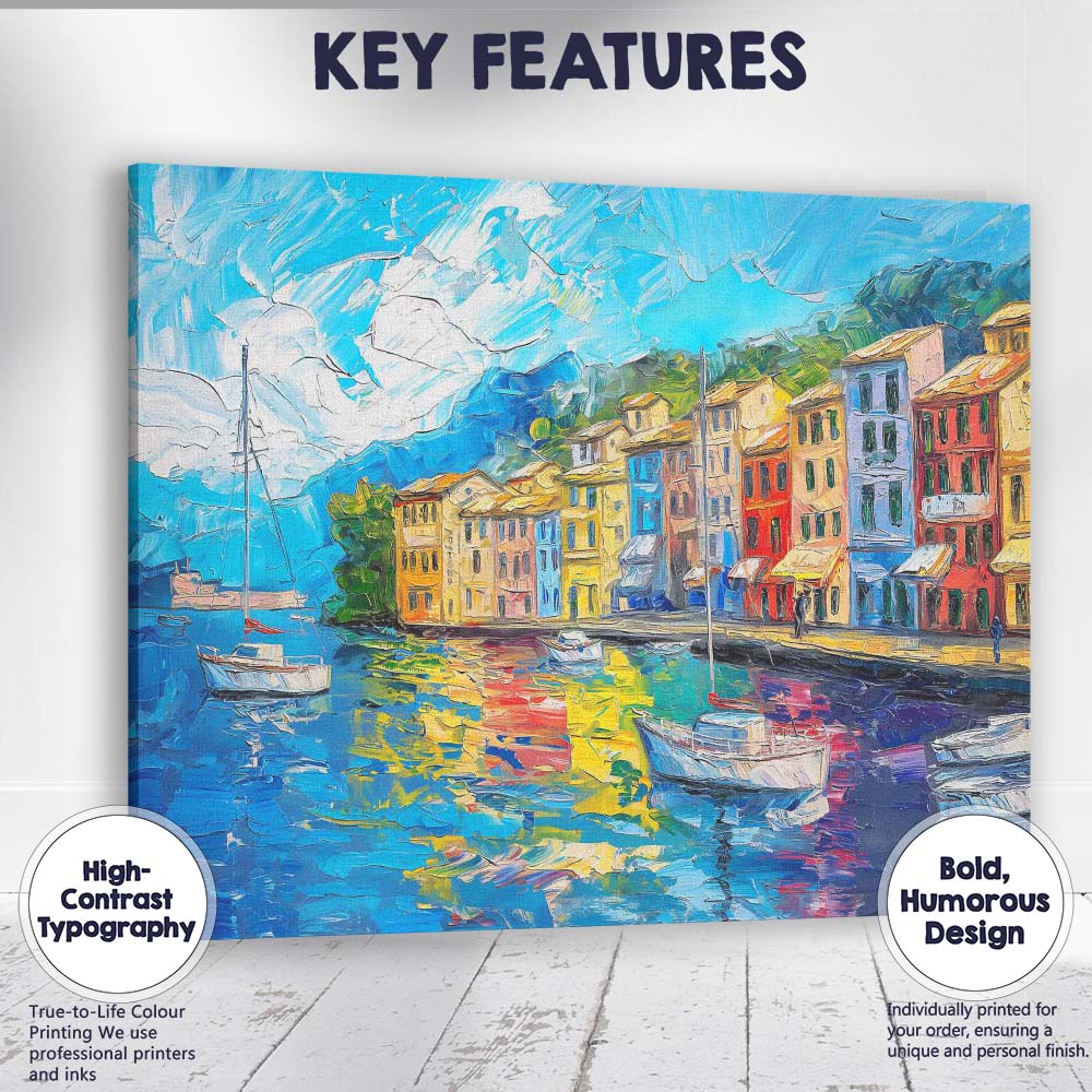 Colourful Mediterranean Harbour Impasto Coastal Village Landscape Painting Canvas Wall Art Print Decor Picture Ready to Hang
