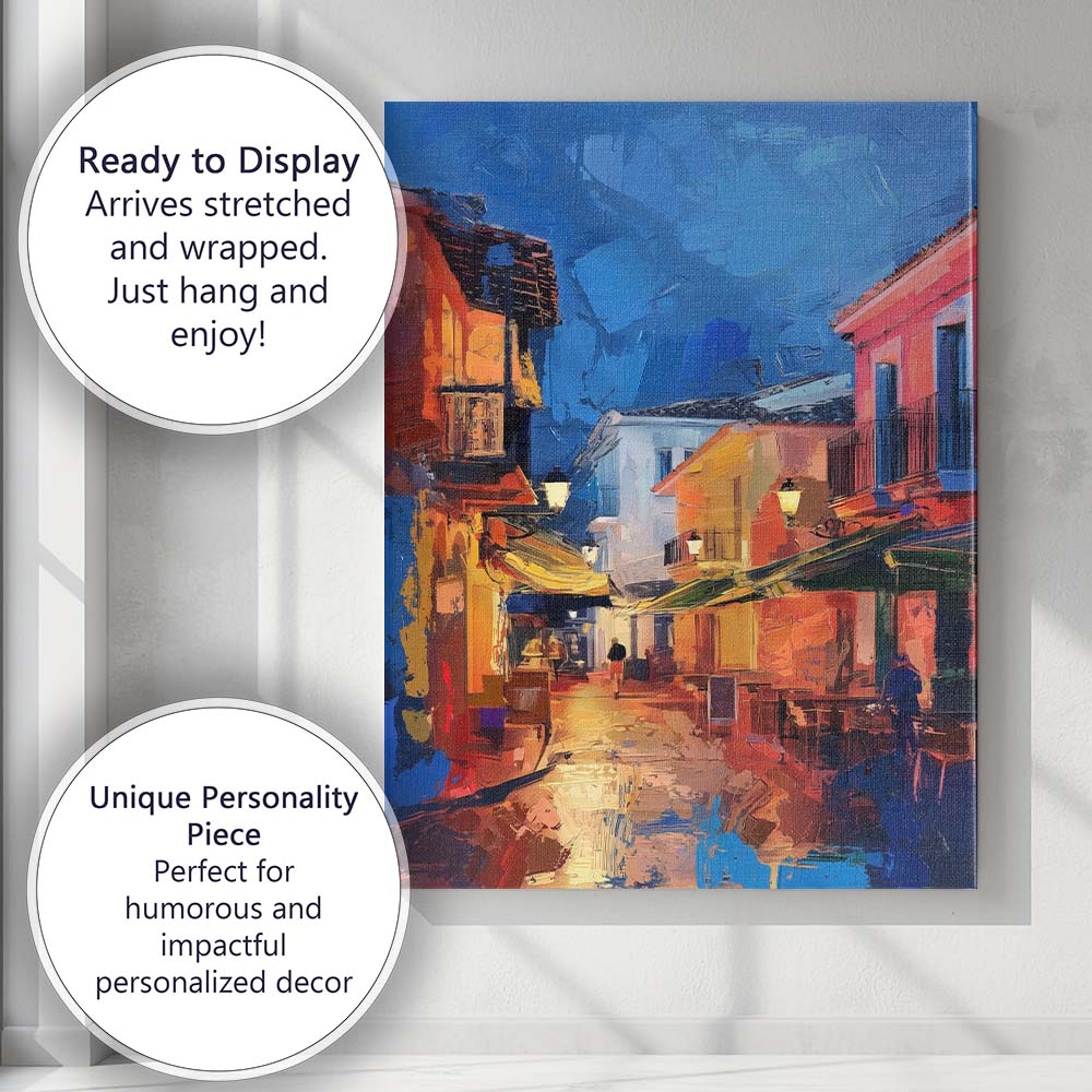 Vibrant Mediterranean Old Town Night Street Impasto Cityscape Canvas Wall Art Print Decor Picture Ready to Hang