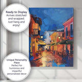 Vibrant Mediterranean Old Town Night Street Impasto Cityscape Canvas Wall Art Print Decor Picture Ready to Hang