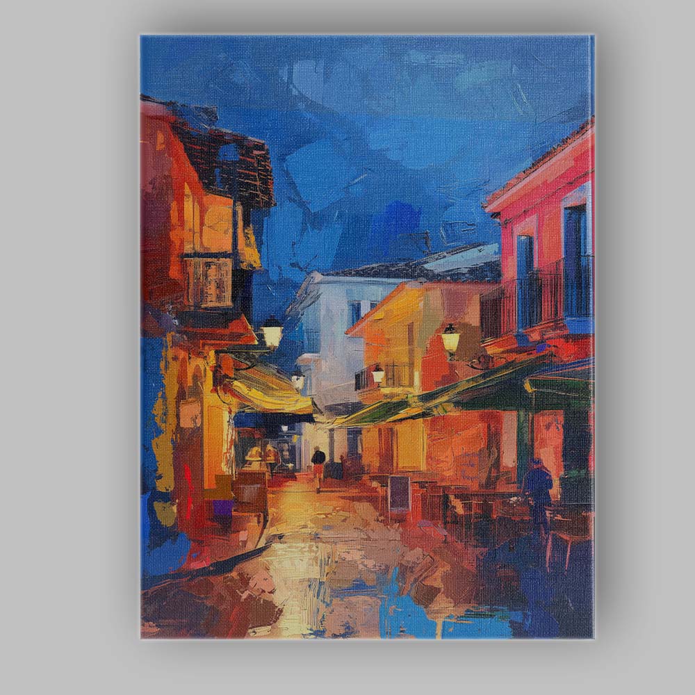 Vibrant Mediterranean Old Town Night Street Impasto Cityscape Canvas Wall Art Print Decor Picture Ready to Hang